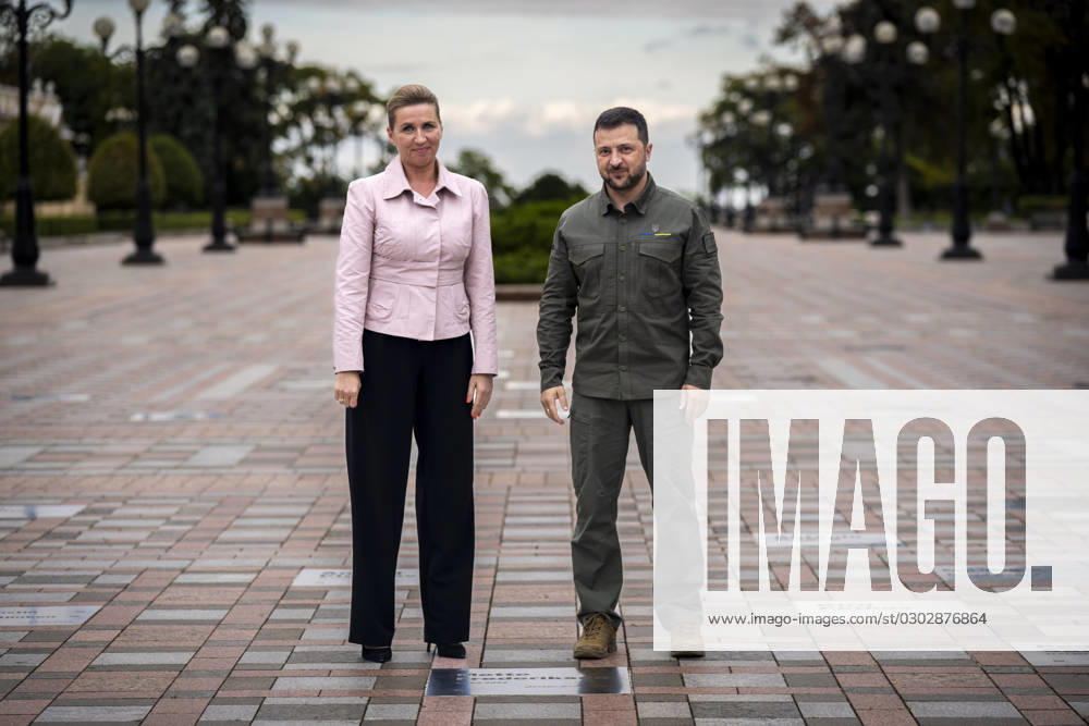Ukrainian President Volodymyr Zelenskyj and Denmarks Prime Minister Mette Frederiksen during a press conference in front of the presidential palace in Kyiv, Ukraine, Wednesday, September 6, 2023 , Kyiv Ukraine