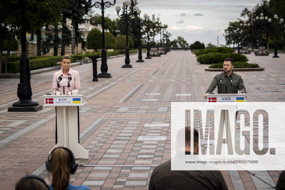 Ukrainian President Volodymyr Zelenskyj and Denmarks Prime Minister Mette Frederiksen during a press conference in front of the presidential palace in Kyiv, Ukraine, Wednesday, September 6, 2023 , Kyiv Ukraine