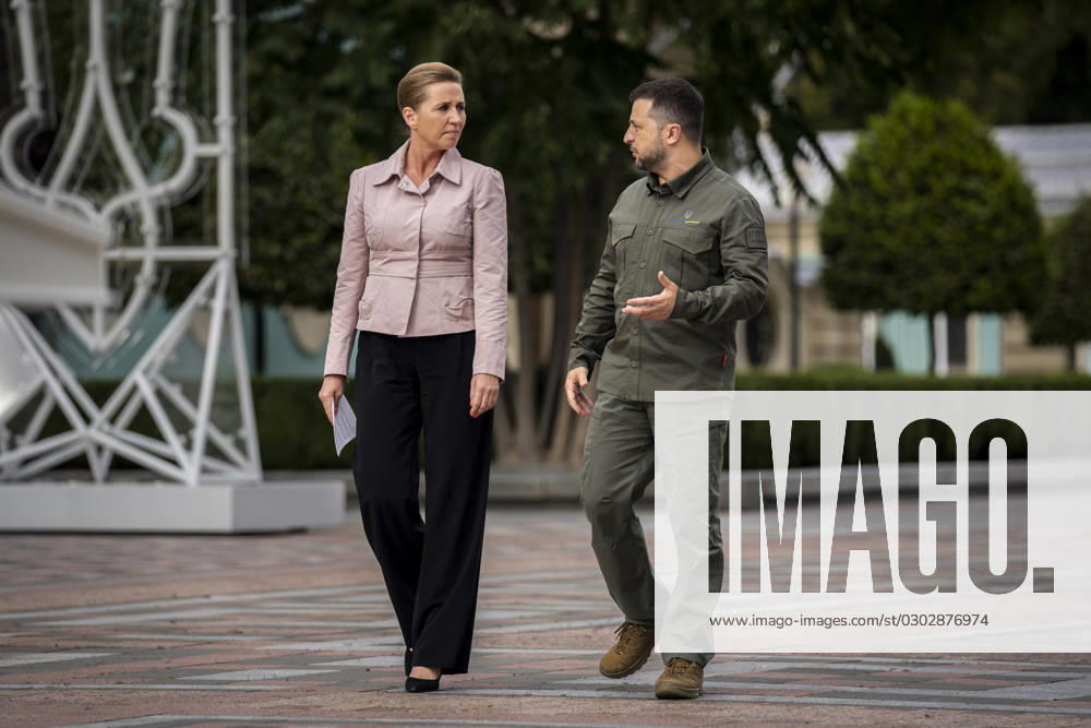 Ukrainian President Volodymyr Zelenskyj and Denmarks Prime Minister Mette Frederiksen during a press conference in front of the presidential palace in Kyiv, Ukraine, Wednesday, September 6, 2023 , Kyiv Ukraine