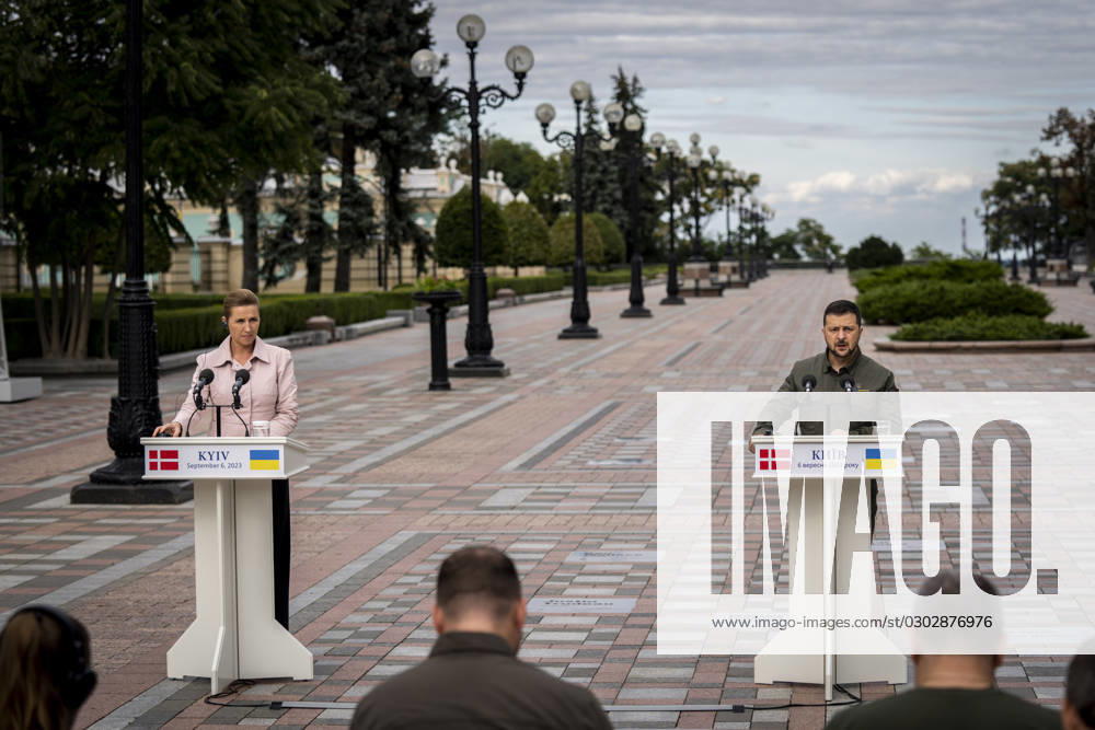 Ukrainian President Volodymyr Zelenskyj and Denmarks Prime Minister Mette Frederiksen during a press conference in front of the presidential palace in Kyiv, Ukraine, Wednesday, September 6, 2023 , Kyiv Ukraine