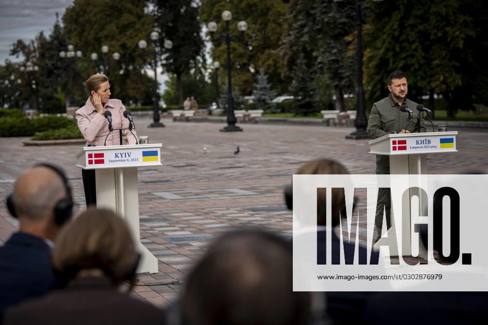 Ukrainian President Volodymyr Zelenskyj and Denmarks Prime Minister Mette Frederiksen during a press conference in front of the presidential palace in Kyiv, Ukraine, Wednesday, September 6, 2023 , Kyiv Ukraine