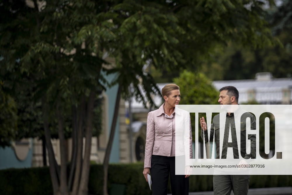 Ukrainian President Volodymyr Zelenskyj and Denmarks Prime Minister Mette Frederiksen during a press conference in front of the presidential palace in Kyiv, Ukraine, Wednesday, September 6, 2023 , Kyiv Ukraine