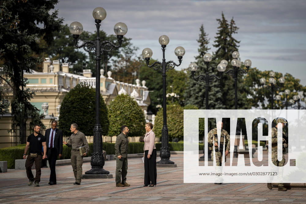 Ukrainian President Volodymyr Zelenskyj and Denmarks Prime Minister Mette Frederiksen during a press conference in front of the presidential palace in Kyiv, Ukraine, Wednesday, September 6, 2023 , Kyiv Ukraine