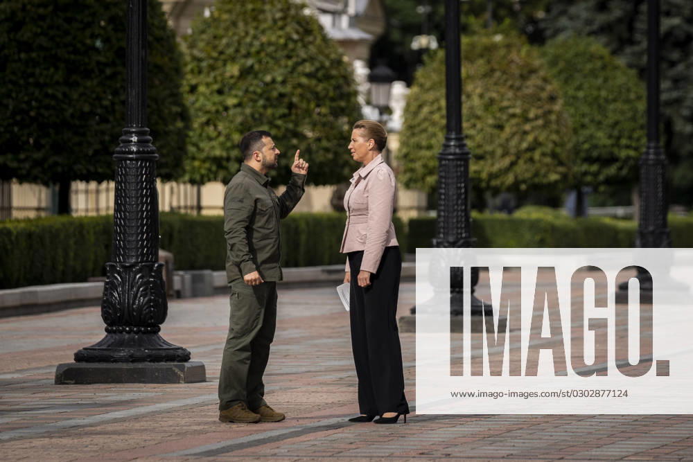 Ukrainian President Volodymyr Zelenskyj and Denmarks Prime Minister Mette Frederiksen during a press conference in front of the presidential palace in Kyiv, Ukraine, Wednesday, September 6, 2023 , Kyiv Ukraine