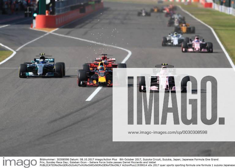 8th October 2017, Suzuka Circuit, Suzuka, Japan; Japanese Formula One Grand Prix, Sunday Race Day; Esteban Ocon - Sahara Force India passes Daniel Ricciardo and Vettel ActionPlus11939014