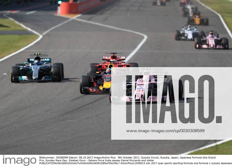 8th October 2017, Suzuka Circuit, Suzuka, Japan; Japanese Formula One Grand Prix, Sunday Race Day; Esteban Ocon - Sahara Force India passes Daniel Ricciardo and Vettel ActionPlus11939015