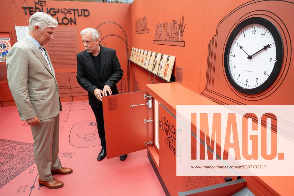 Journalist and curator of the exposition Thierry Bellefroid and King Philippe - Filip of Belgium are pictured at a royal visit to the exhibition Le Lombard, a family business at the Belgian Comic Strip Center in Brussels, Friday 08 September 2023. To highlight the 77th anniversary of publisher Le Lombard, the publisher is also publishing a special edition of Le Journal de Tintin. With this visit, the King pays tribute to the ninth art, a discipline for which Belgium is known worldwide. JONASxROOSENS 73622172