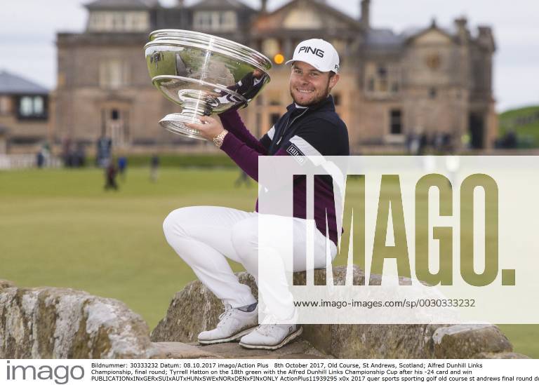 8th October 2017, Old Course, St Andrews, Scotland; Alfred Dunhill Links Championship, final round; Tyrrell Hatton on the 18th green with the Alfred Dunhill Links Championship Cup after his -24 card and win ActionPlus11939295