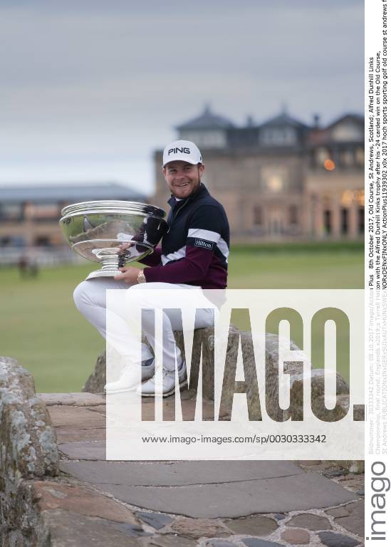 8th October 2017, Old Course, St Andrews, Scotland; Alfred Dunhill Links Championship, final round; England& x2019;s Tyrrell Hatton with the Alfred Dunhill Kinks trophy after his -24 carded win on the Old Course, St Andrews ActionPlus11939302