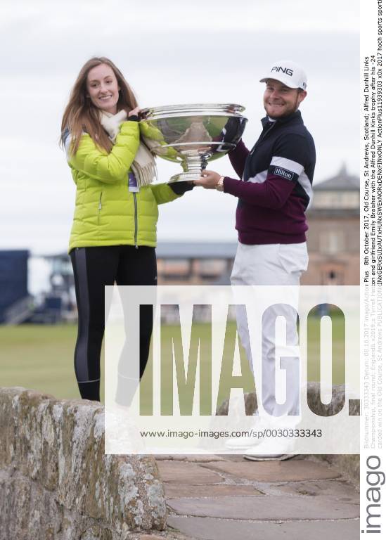 8th October 2017, Old Course, St Andrews, Scotland; Alfred Dunhill Links Championship, final round; England& x2019;s Tyrrell Hatton and girlfriend Emily Braisher with the Alfred Dunhill Kinks trophy after his -24 carded win on the Old Course, St Andrews ActionPlus11939303