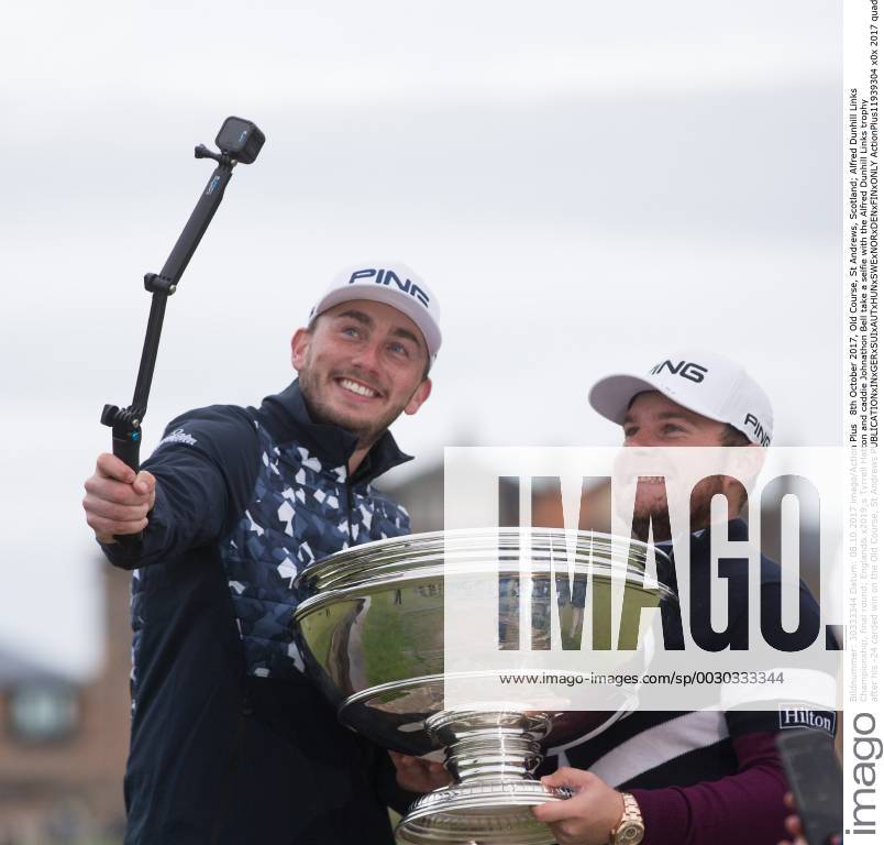 8th October 2017, Old Course, St Andrews, Scotland; Alfred Dunhill Links Championship, final round; England& x2019;s Tyrrell Hatton and caddie Johnathon Bell take a selfie with the Alfred Dunhill Links trophy after his -24 carded win on the Old Course, St Andrews ActionPlus11939304