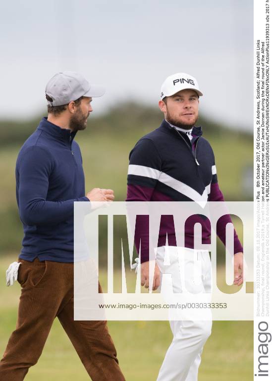 8th October 2017, Old Course, St Andrews, Scotland; Alfred Dunhill Links Championship, final round; England& x2019;s Tyrrell Hatton and amateur partner actor Jamie Dornan during the final round of the Alfred Dunhill Links Championship on the Old Course, St Andrews ActionPlus11939313