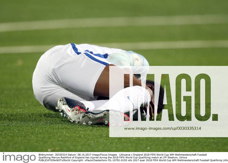 Lithuania v England 2018 FIFA World Cup WM Weltmeisterschaft Fussball Qualifying Marcus Rashford of England lies injured during the 2018 FIFA World Cup Qualifying match at LFF Stadium, Vilnius Content Not Available For UK Newspapers