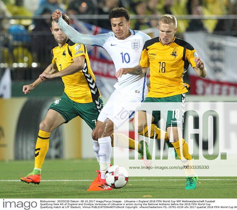 Lithuania v England 2018 FIFA World Cup WM Weltmeisterschaft Fussball Qualifying Dele Alli of England and Ovidijus Verbickas of Lithuania in action during the National Anthems before the 2018 FIFA World Cup Qualifying match at LFF Stadium, Vilnius Content Not Available For UK Newspapers