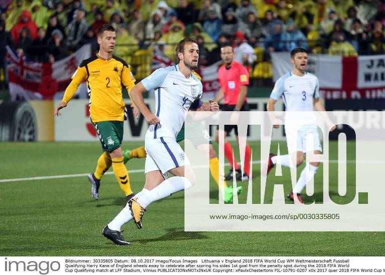 Lithuania v England 2018 FIFA World Cup WM Weltmeisterschaft Fussball Qualifying Harry Kane of England wheels away to celebrate after scoring his sides 1st goal from the penalty spot during the 2018 FIFA World Cup Qualifying match at LFF Stadium, Vilnius Content Not Available For UK Newspapers
