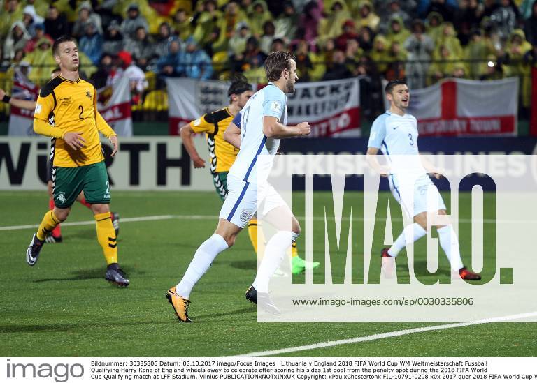 Lithuania v England 2018 FIFA World Cup WM Weltmeisterschaft Fussball Qualifying Harry Kane of England wheels away to celebrate after scoring his sides 1st goal from the penalty spot during the 2018 FIFA World Cup Qualifying match at LFF Stadium, Vilnius Content Not Available For UK Newspapers
