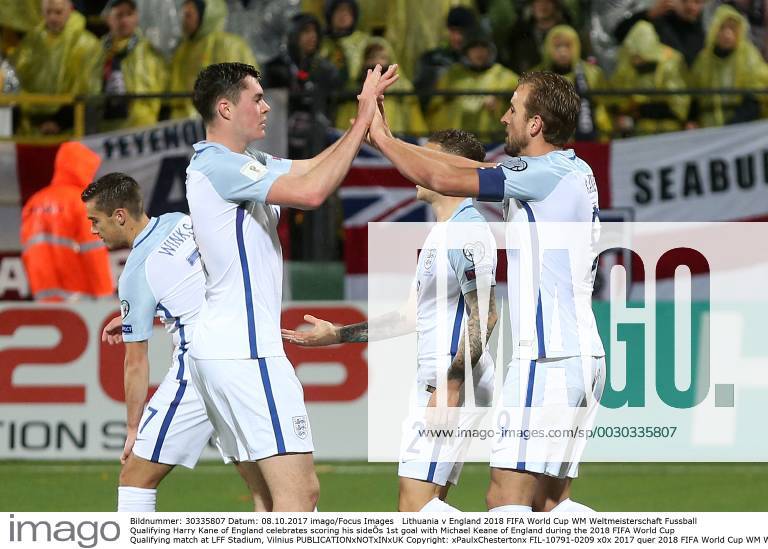 Lithuania v England 2018 FIFA World Cup WM Weltmeisterschaft Fussball Qualifying Harry Kane of England celebrates scoring his side?s 1st goal with Michael Keane of England during the 2018 FIFA World Cup Qualifying match at LFF Stadium, Vilnius Content Not Available For UK Newspapers
