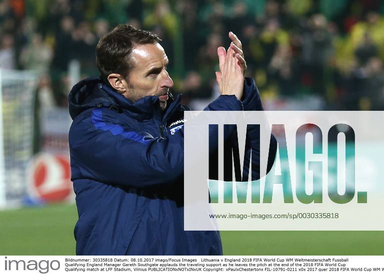Lithuania v England 2018 FIFA World Cup WM Weltmeisterschaft Fussball Qualifying England Manager Gareth Southgate applauds the traveling support as he leaves the pitch at the end of the 2018 FIFA World Cup Qualifying match at LFF Stadium, Vilnius Content Not Available For UK Newspapers