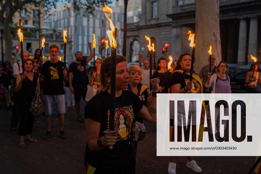 Dozens of pro-independence supporters participate in the different torch marches ending in the Fossar de les Moreres. As before the National Day of Catalonia, the participants pay tribute to the victims that the Bourbon troops claimed on September 11, 1714. Barcelona Spain - ZUMAa239 20230910_zip_a239_020
