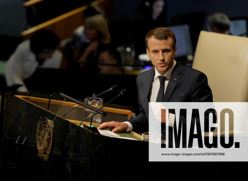 French President Emmanuel Macron speaking at the United Nations in New York French President Emmanuel Macron speaking at the United Nations in New York, Credit:Dennis Van Tine Avalon