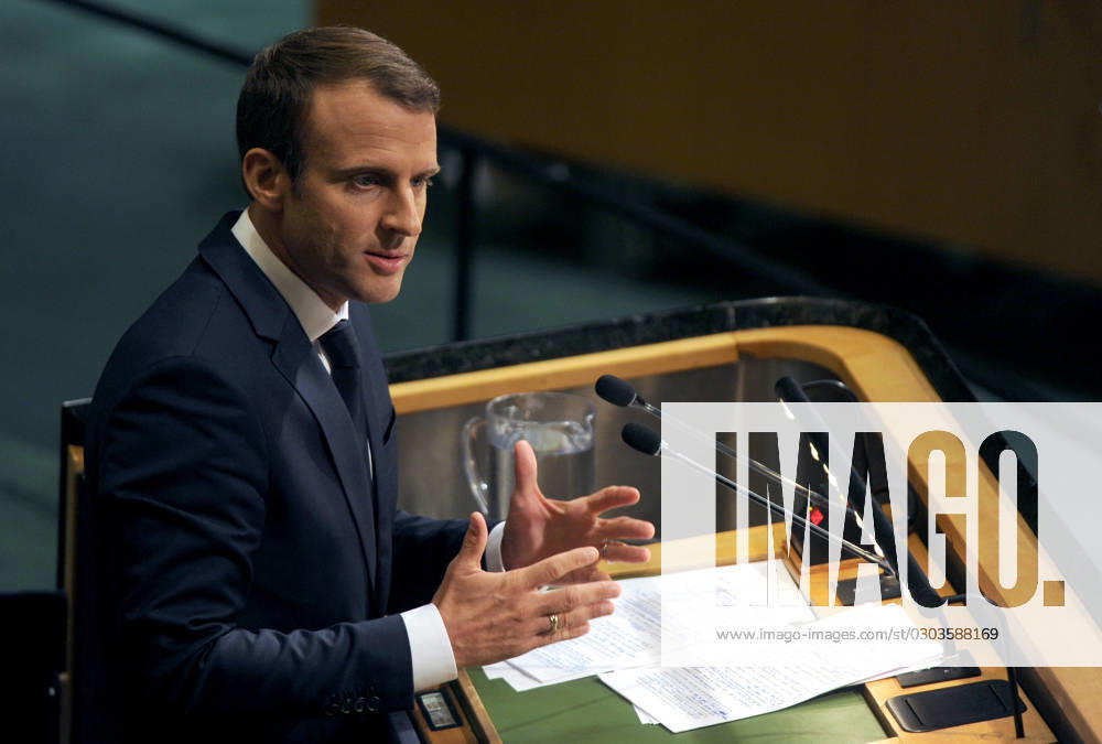French President Emmanuel Macron speaking at the United Nations in New York French President Emmanuel Macron speaking at the United Nations in New York, Credit:Dennis Van Tine Avalon