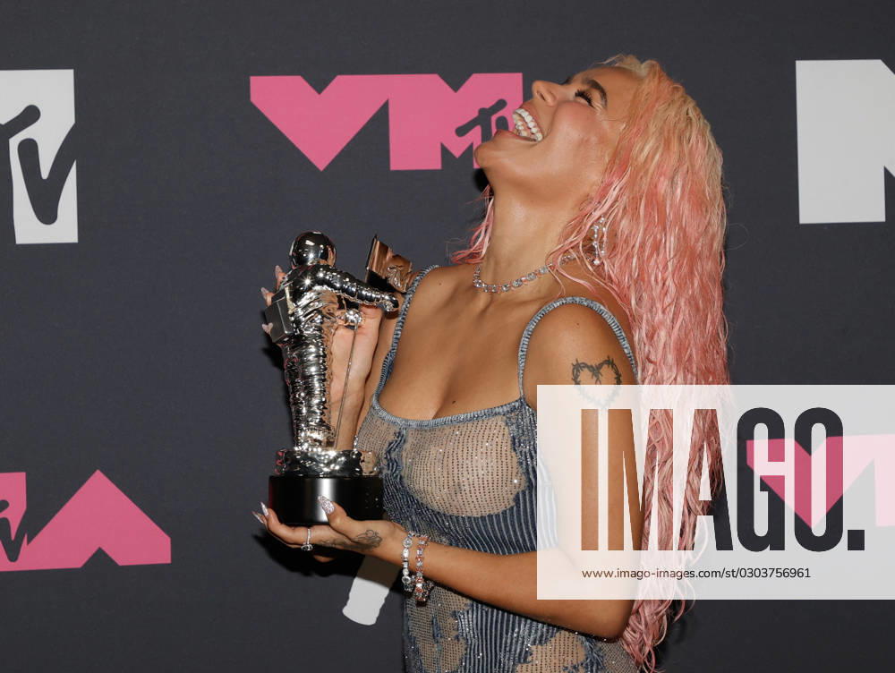 Karol G arrives in the press room at the 2023 MTV Video Music Awards VMA s at the Prudential Center in Newark, NJ on Tuesday, September 12, 2023. NYP20230912829 JASONxSZENES