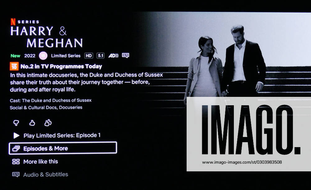 Harry & Meghan Neflix series trending at number two in the top 10 TV programmes in the UK today. A television screen showing the Netflix Harry & Meghan series which is causing much controversy, the programme is listed as number two to watch in the UK today, the next and final episodes are due to air on Thursday December 15th. The series has six parts and covers the couple s relationship from their early courtship to their decision to step back as working members of the British royal family and their subsequent activities., Credit:Geoffrey Swaine Avalon UK