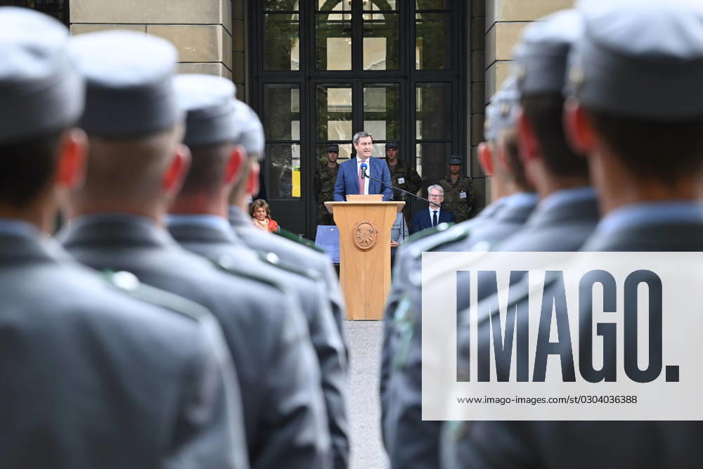 Speech Markus SOEDER Prime Minister of Bavaria and CSU Chairman Ceremony of the recruits in the courtyard garden of the Residence in Munich on 14 09 2023 Gebirgsjaegerbataillon 232