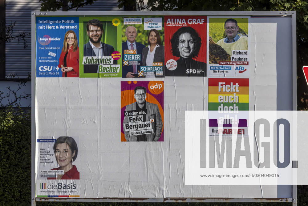 Bavarian state election billboard in Hallbergmoos, poster of the satirical party DIE PARTEI motto Fuck you all 12 09 2023 Hallbergmoos, Bavaria, Germany, Europe