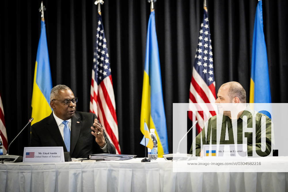 US Secretary of Defense Lloyd Austin and Ukrainian Defense Minister Rustem Umierov attend UDCG meeting at the Ramstein base in Germany on Tuesday, September 19, 2023 The Ukraine Defense Contact Group consists of a number of countries and the group aims to secure military donations to Ukraine Photo Ida Marie Odgaard Scanpix 2023 sendxnet, Ramstein Denmark