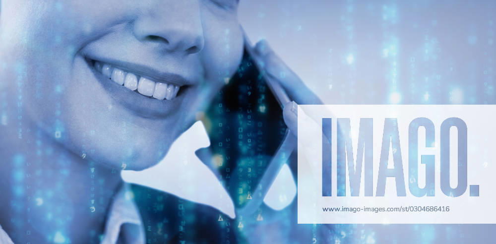 Close up of smiling businesswoman talking on mobile phone against digitally generated black and blue matrix , 29498710.jpg, RECORD DATE NOT STATED