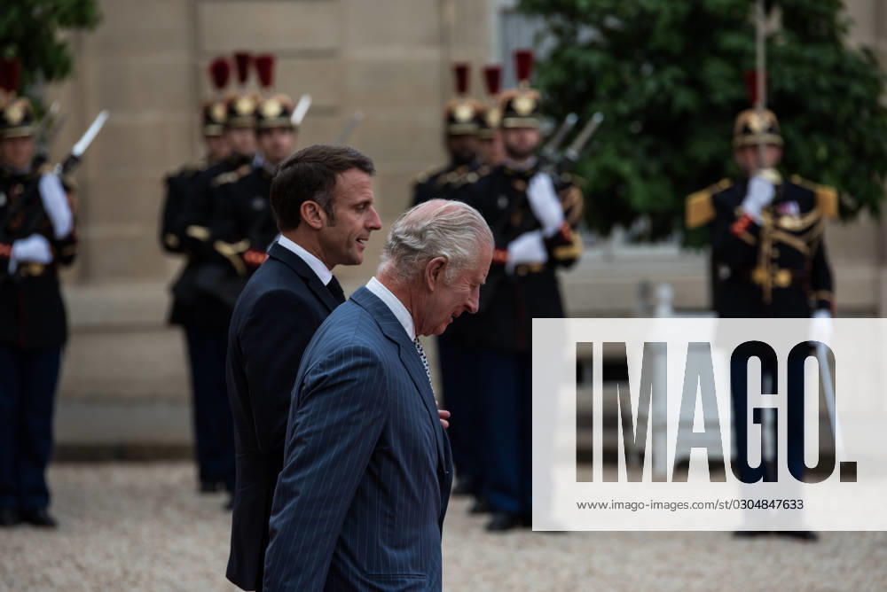 FRANCE TOP LEVEL SUMMIT IN PARIS French President Emmanuel Macron and King Charles III of England at the Elysà e Palace after the bilateral meeting. In Paris, 20 September, 2023. PARIS ILE-DE-FRANCE FRANCE