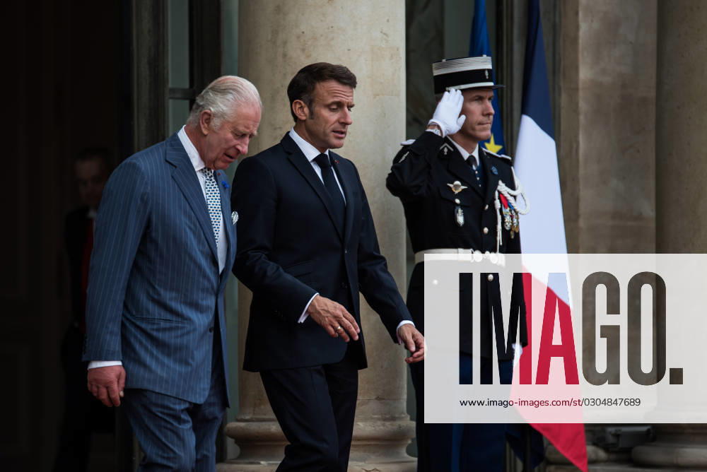 FRANCE TOP LEVEL SUMMIT IN PARIS French President Emmanuel Macron and King Charles III of England at the ElysÃ e Palace after the bilateral meeting. In Paris, 20 September, 2023. PARIS ILE-DE-FRANCE FRANCE