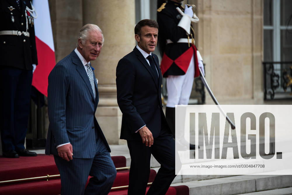 FRANCE TOP LEVEL SUMMIT IN PARIS French President Emmanuel Macron and King Charles III of England at the ElysÃ e Palace after the bilateral meeting. In Paris, 20 September, 2023. PARIS ILE-DE-FRANCE FRANCE