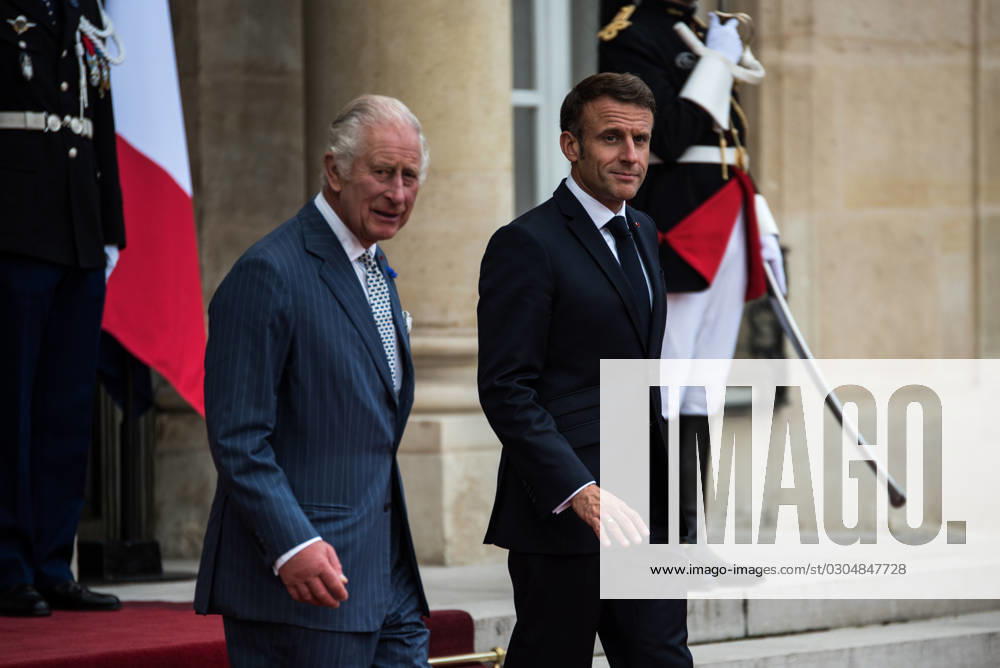FRANCE TOP LEVEL SUMMIT IN PARIS French President Emmanuel Macron and King Charles III of England at the Elysà e Palace after the bilateral meeting. In Paris, 20 September, 2023. PARIS ILE-DE-FRANCE FRANCE