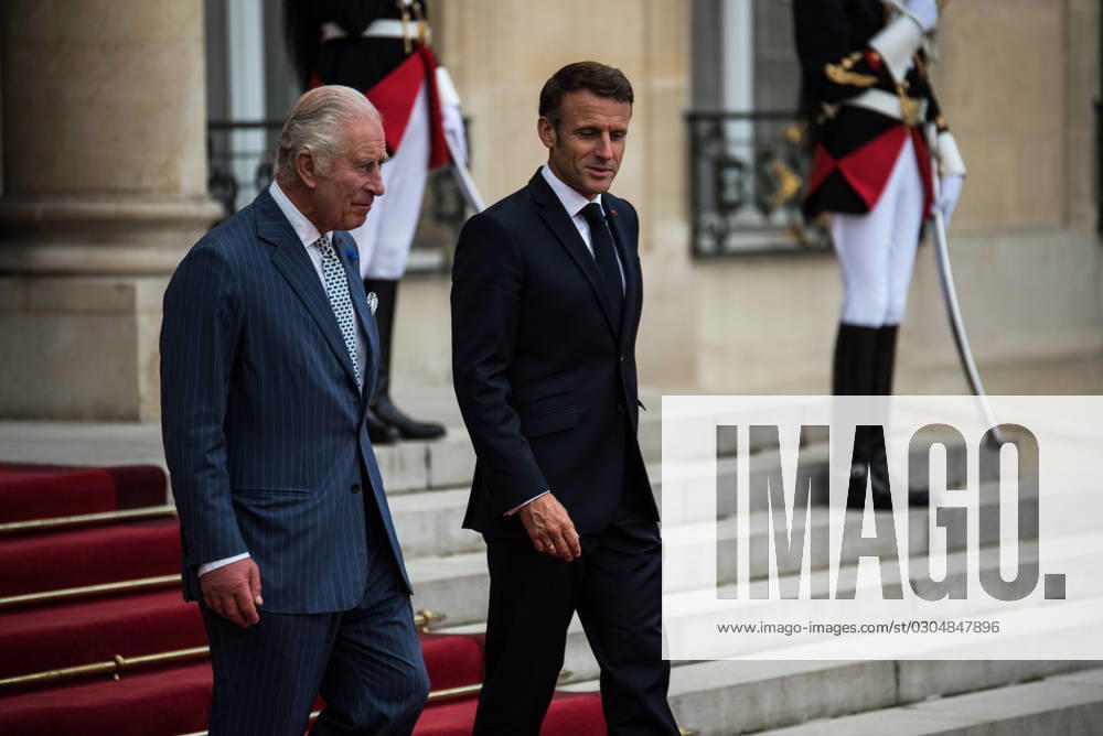 FRANCE TOP LEVEL SUMMIT IN PARIS French President Emmanuel Macron and King Charles III of England at the Elysà e Palace after the bilateral meeting. In Paris, 20 September, 2023. PARIS ILE-DE-FRANCE FRANCE