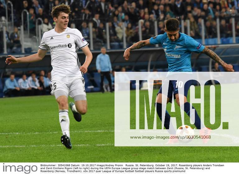Russia. St. Petersburg. October 19, 2017. Rosenborg players Anders Trondsen and Zenit Emiliano Rigoni (left to right) during the UEFA Europa League group stage match between Zenit (Russia, St. Petersburg) and Rosenborg (Norway, Trondheim).