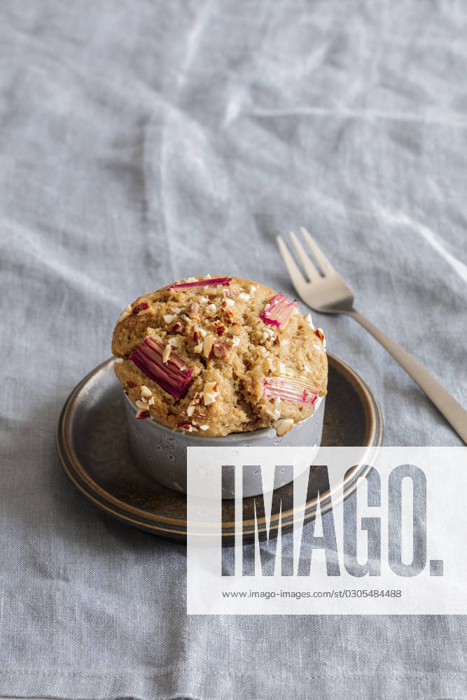 Rhubarb muffin against gray background, EVGF04372