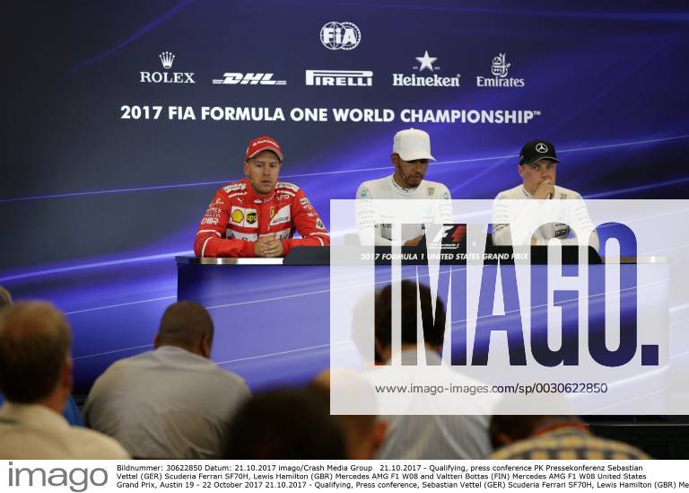 Qualifying, press conference PK Pressekonferenz Sebastian Vettel (GER) Scuderia Ferrari SF70H, Lewis Hamilton (GBR) Mercedes AMG F1 W08 and Valtteri Bottas (FIN) Mercedes AMG F1 W08 United States Grand Prix, Austin 19 - 22 October 2017 21.10.2017 - Qualifying, Press conference, Sebastian Vettel (GER) Scuderia Ferrari SF70H, Lewis Hamilton (GBR) Mercedes AMG F1 W08 and Valtteri Bottas (FIN) Mercedes AMG F1 W08