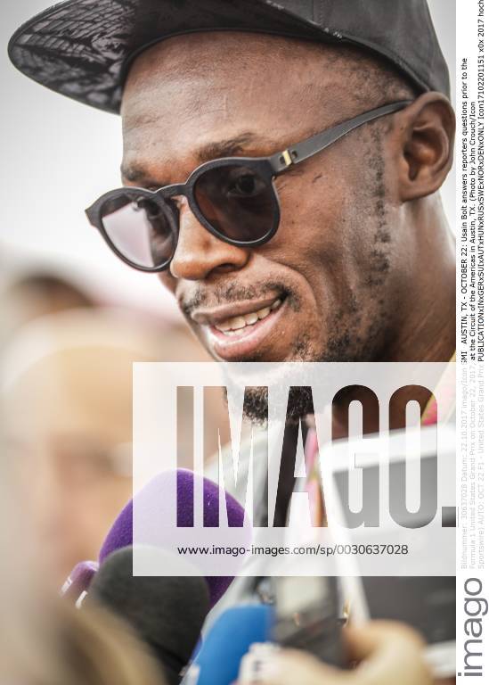 AUSTIN, TX - OCTOBER 22: Usain Bolt answers reporters questions prior to the Formula 1 United States Grand Prix on October 22, 2017, at the Circuit of the Americas in Austin, TX. (Photo by John Crouch Icon Sportswire) AUTO: OCT 22 F1 - United States Grand Prix Icon17102201151