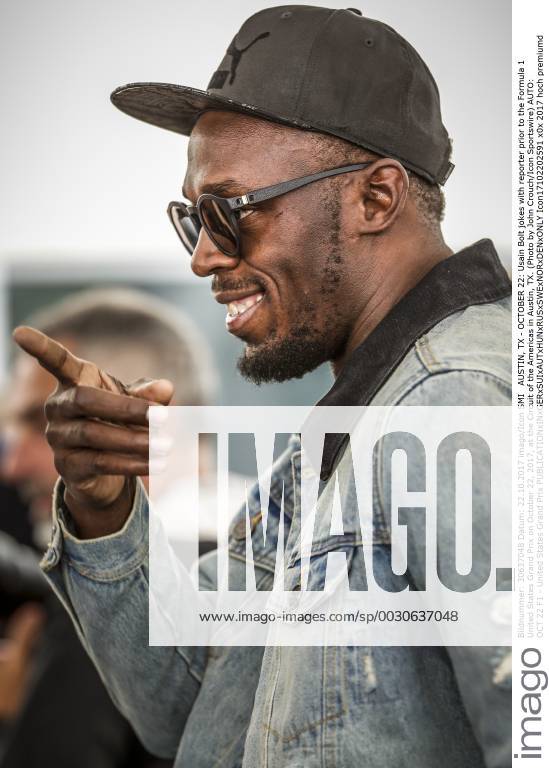 AUSTIN, TX - OCTOBER 22: Usain Bolt jokes with reporter prior to the Formula 1 United States Grand Prix on October 22, 2017, at the Circuit of the Americas in Austin, TX. (Photo by John Crouch Icon Sportswire) AUTO: OCT 22 F1 - United States Grand Prix Icon17102202591