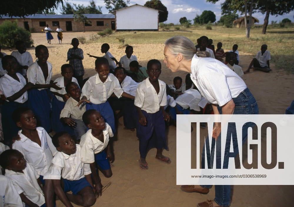 IMAGO ICONS: Jane Goodall DR. JANE GOODALL DR. JANE GOODALL teaching African school children chimp language. Kitwe Point Sanctuary Kigoma Tanzania, Credit:DAVID HIGGS Avalon