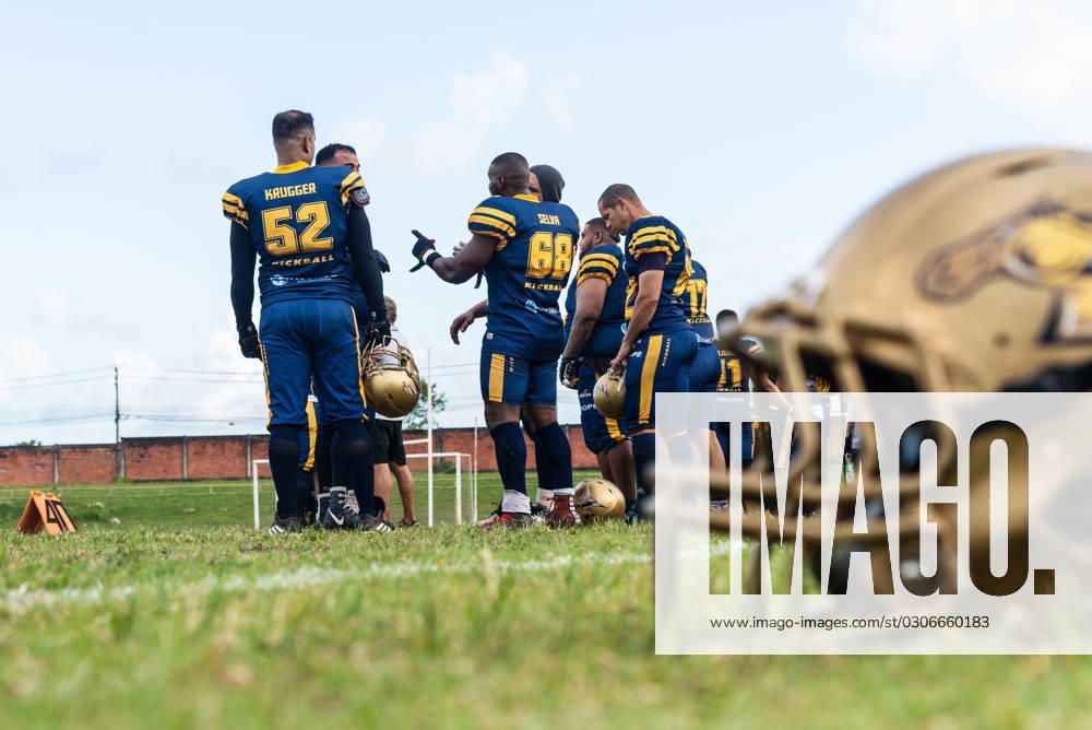 American football players from the Cavalry 2 de Julho team are seen before the game in the city of Camacari, Bahia. Camacari Bahia Brazil