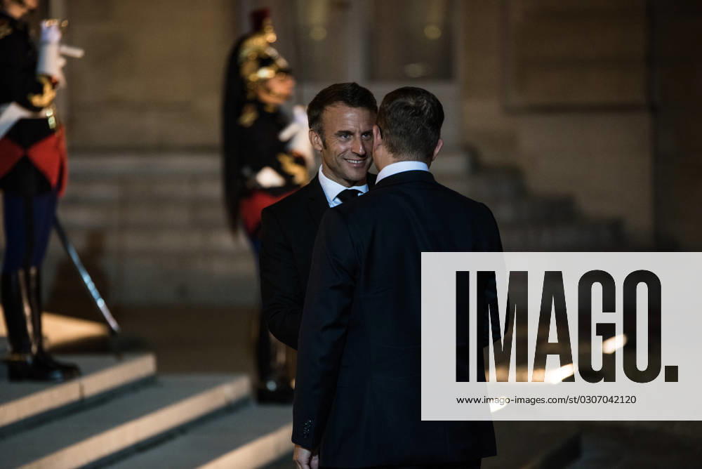 FRANCE TOP LEVEL SUMMIT IN PARIS French President Emmanuel Macron receives Finnish Prime Minister Petteri Orpo at the Elysee Palace. Paris, October 4, 2023. PARIS ILE-DE-FRANCE FRANCE