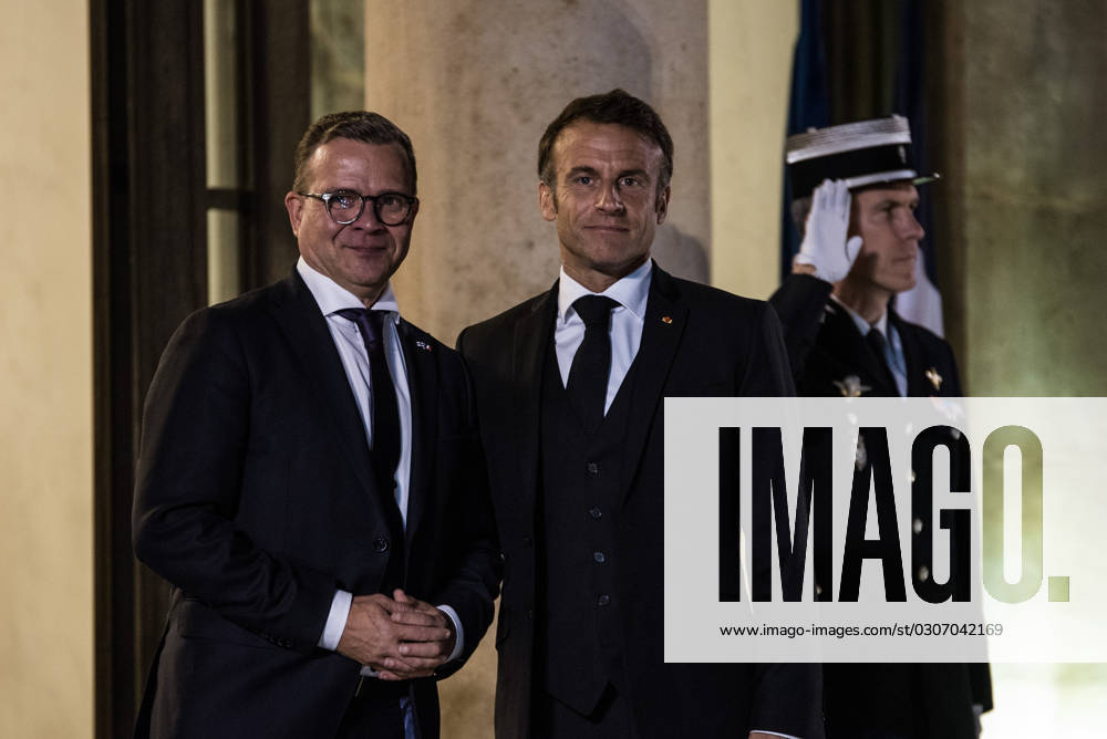 FRANCE TOP LEVEL SUMMIT IN PARIS French President Emmanuel Macron receives Finnish Prime Minister Petteri Orpo at the Elysee Palace. Paris, October 4, 2023. PARIS ILE-DE-FRANCE FRANCE