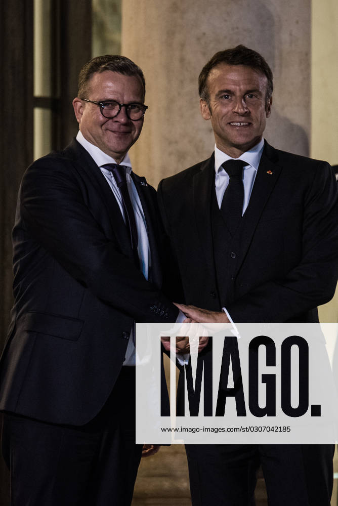 FRANCE TOP LEVEL SUMMIT IN PARIS French President Emmanuel Macron receives Finnish Prime Minister Petteri Orpo at the Elysee Palace. Paris, October 4, 2023. PARIS ILE-DE-FRANCE FRANCE