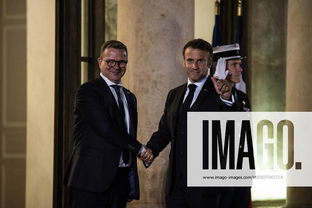 FRANCE TOP LEVEL SUMMIT IN PARIS French President Emmanuel Macron receives Finnish Prime Minister Petteri Orpo at the Elysee Palace. Paris, October 4, 2023. PARIS ILE-DE-FRANCE FRANCE