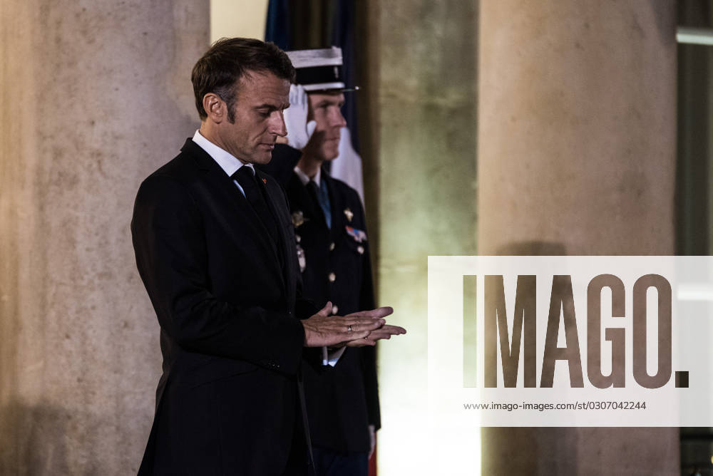 FRANCE TOP LEVEL SUMMIT IN PARIS French President Emmanuel Macron receives Finnish Prime Minister Petteri Orpo at the Elysee Palace. Paris, October 4, 2023. PARIS ILE-DE-FRANCE FRANCE