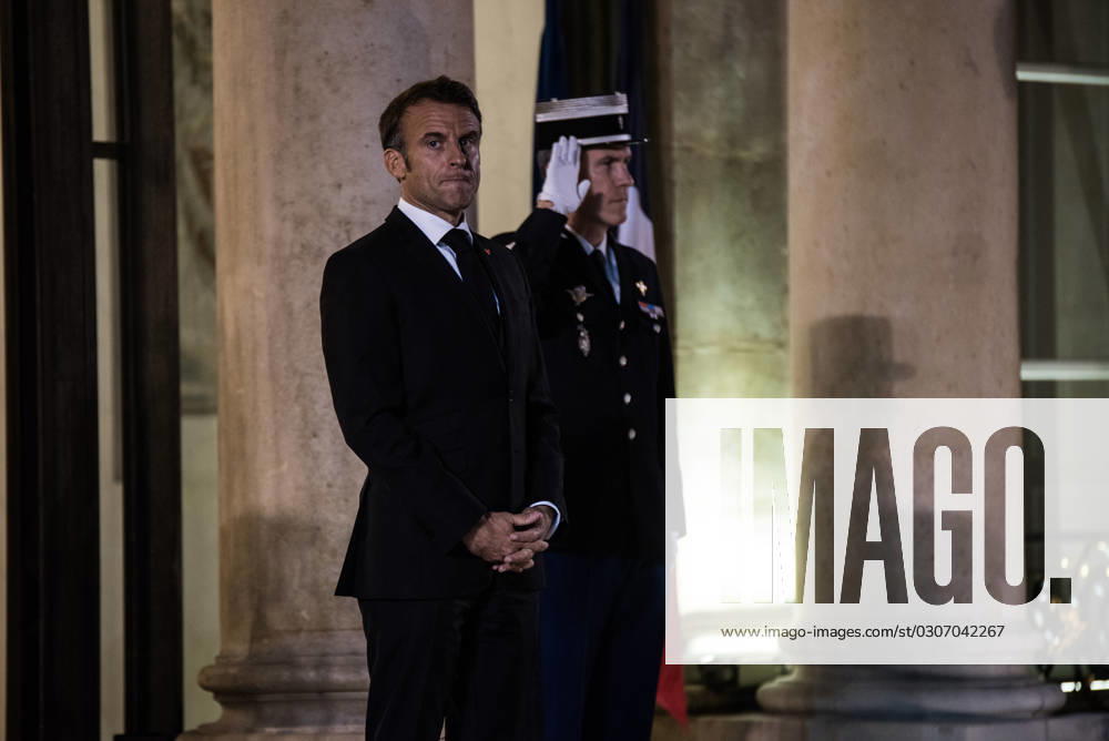 FRANCE TOP LEVEL SUMMIT IN PARIS French President Emmanuel Macron receives Finnish Prime Minister Petteri Orpo at the Elysee Palace. Paris, October 4, 2023. PARIS ILE-DE-FRANCE FRANCE