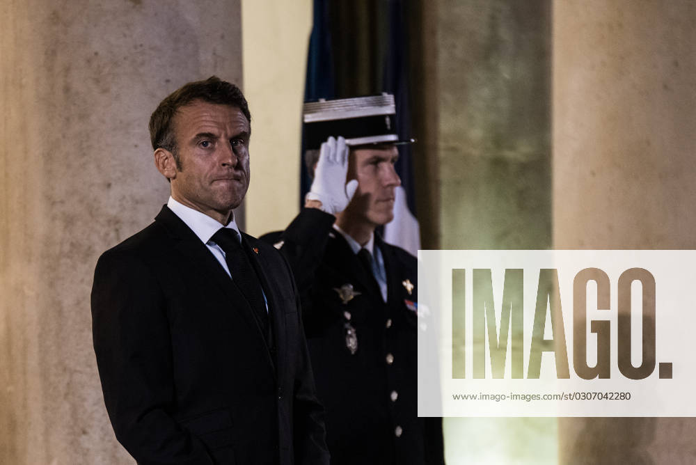 FRANCE TOP LEVEL SUMMIT IN PARIS French President Emmanuel Macron receives Finnish Prime Minister Petteri Orpo at the Elysee Palace. Paris, October 4, 2023. PARIS ILE-DE-FRANCE FRANCE